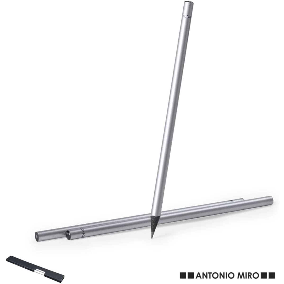 A grey-lead pencil set featuring a sleek silver design and a logo, with one pencil standing upright and others laid flat.