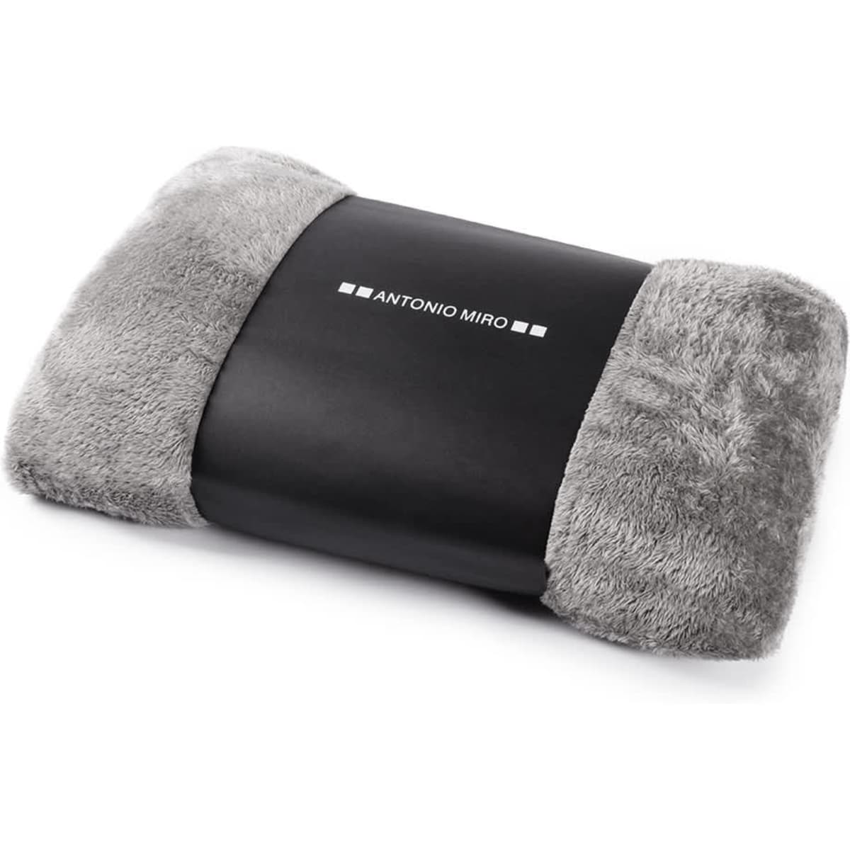 A grey blanket with soft, plush edges and a black section featuring a logo.