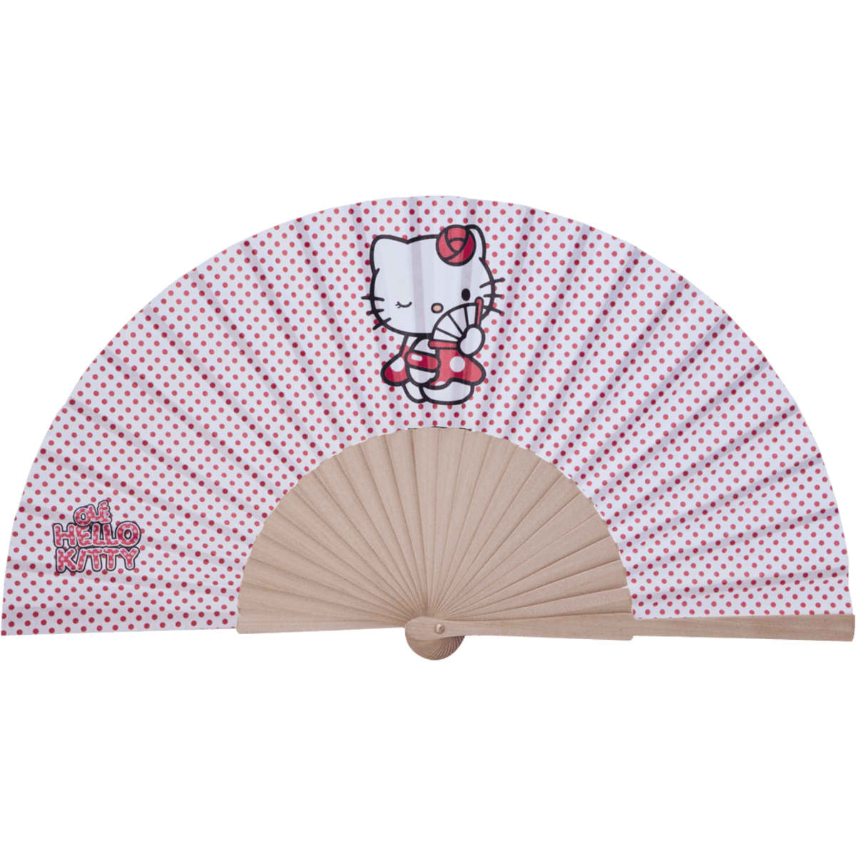 A pink and white hand fan featuring a polka dot pattern and a character motif with a logo.
