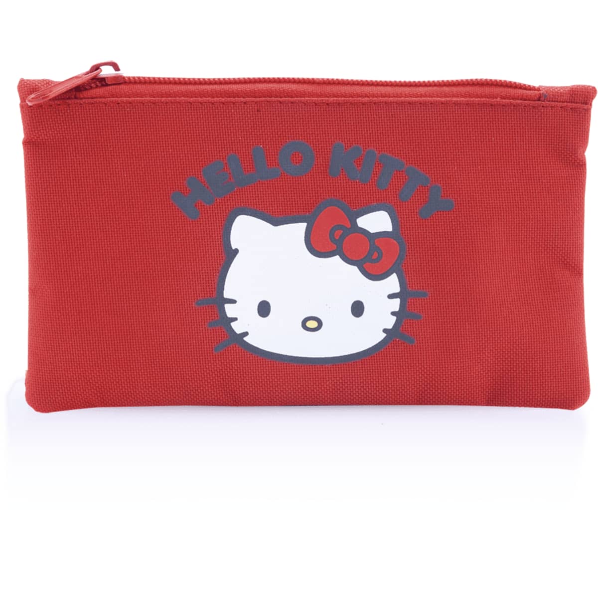 A red pouch featuring a Hello Kitty design, with a zip closure and a small graphic of the character.
