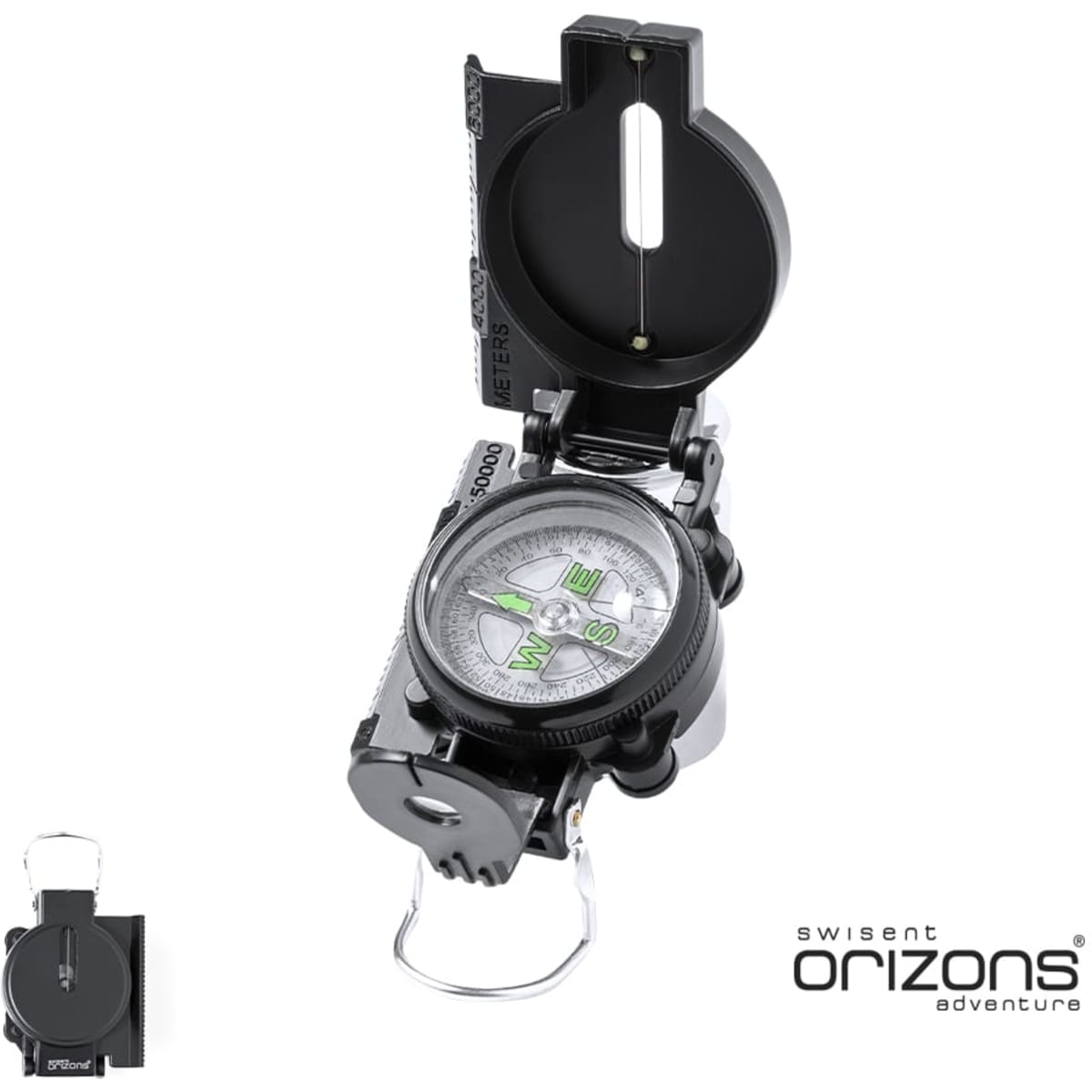 A black compass with a foldable cover, featuring a clear face and markers, set against a white background.