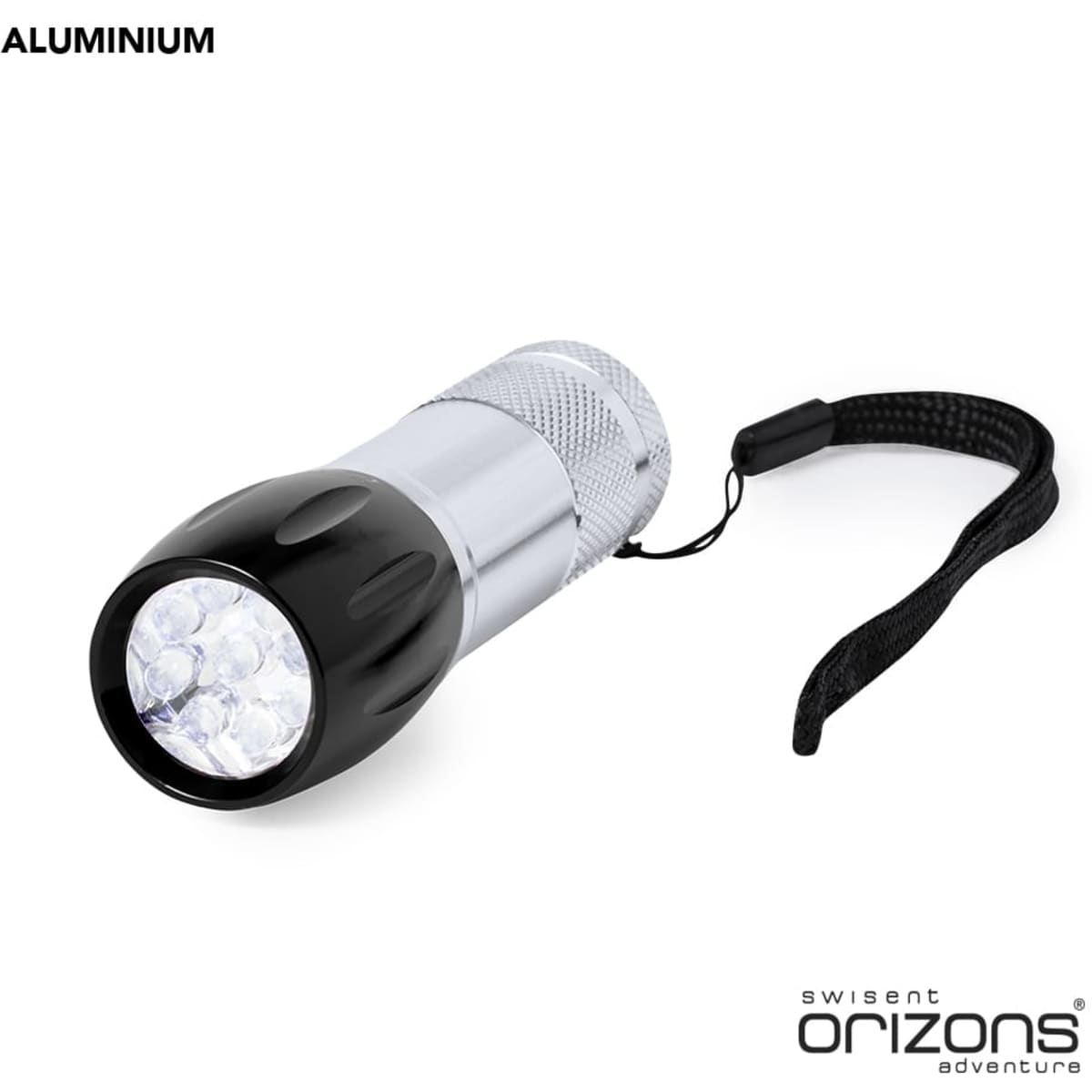 A compact aluminium torch featuring a silver body and black end, complete with a wrist strap.