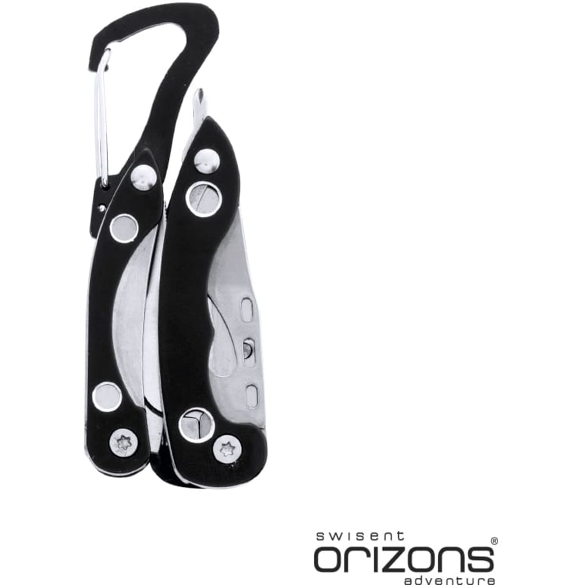 A multifunctional multi-tool in black and silver, featuring a carabiner clip and various tools. It has a logo.