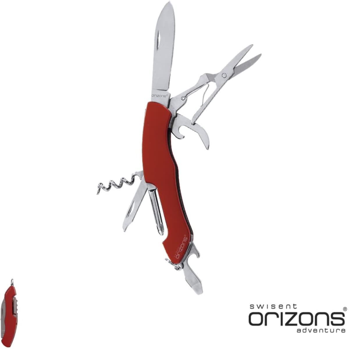 A red multi-tool featuring a knife, scissors, corkscrew, and various tools, with a logo on the handle.