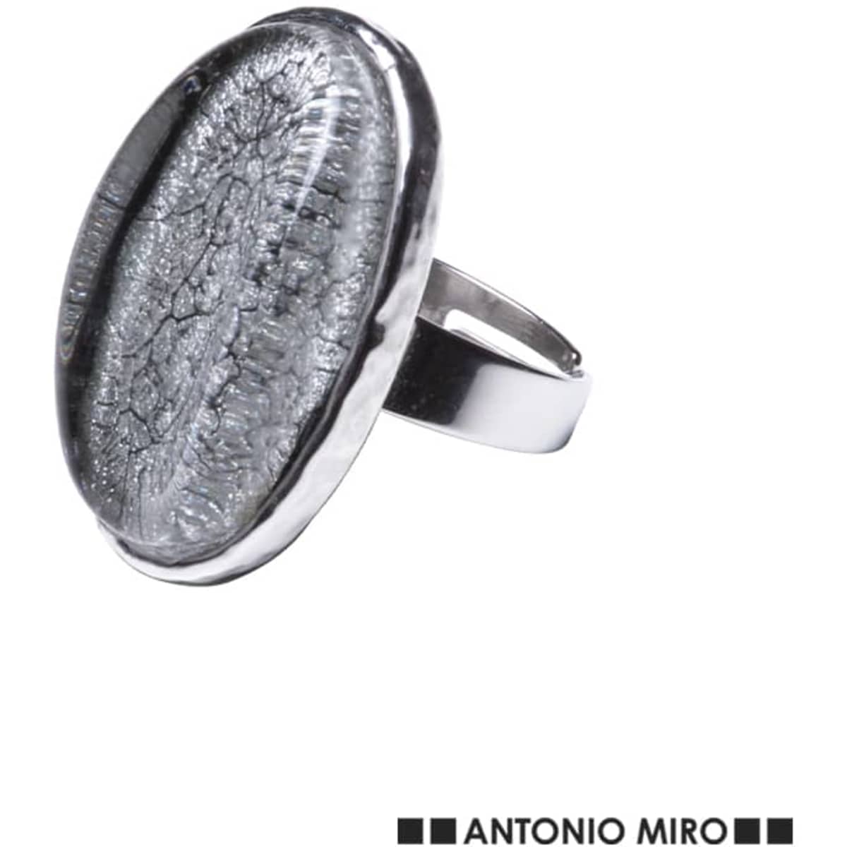 A silver ring featuring a textured, iridescent grey stone. The design includes a smooth metal band and a logo.
