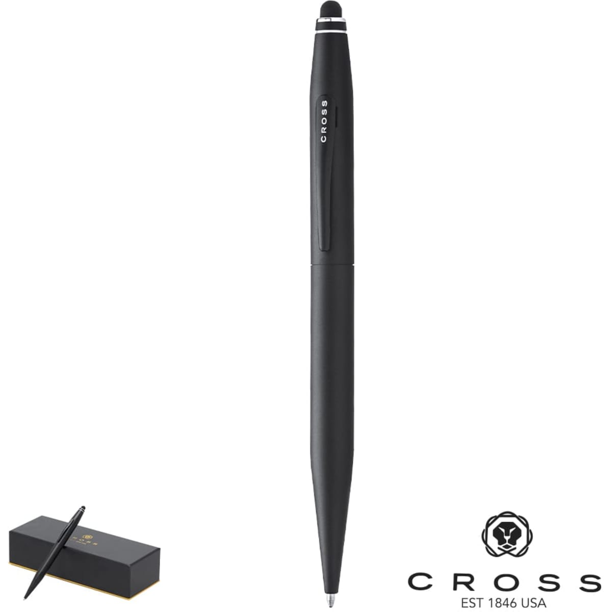 A black ballpoint pen with a stylus tip, presented alongside a black box featuring a logo.