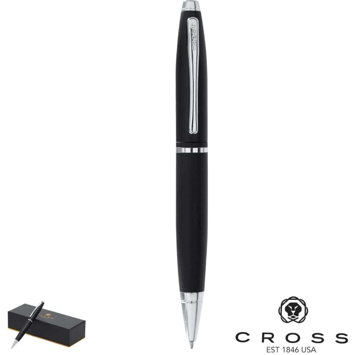 A metal pen in black with silver accents, presented alongside a branded box.