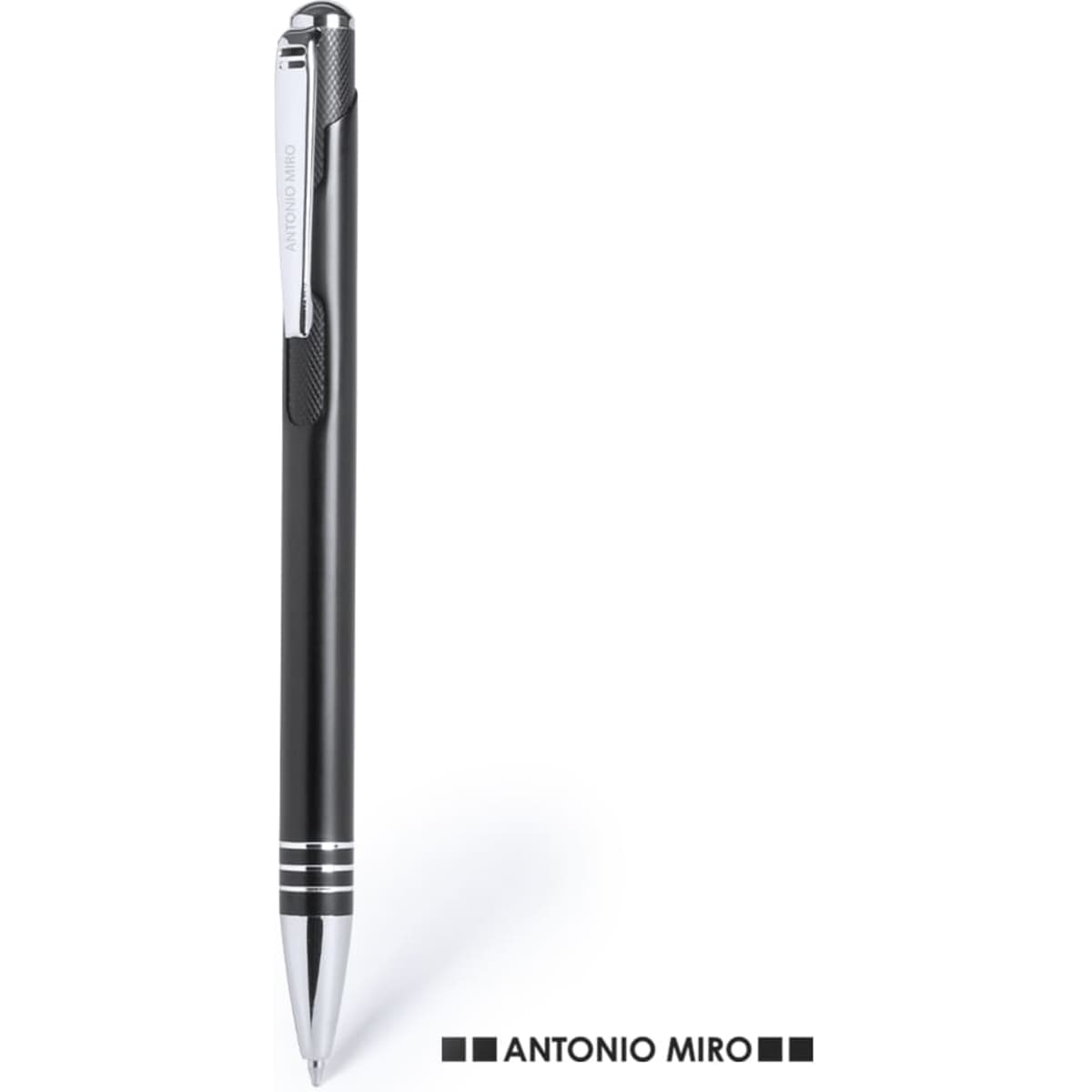 A black metal pen with a chrome clip and accents, featuring a logo at the base.