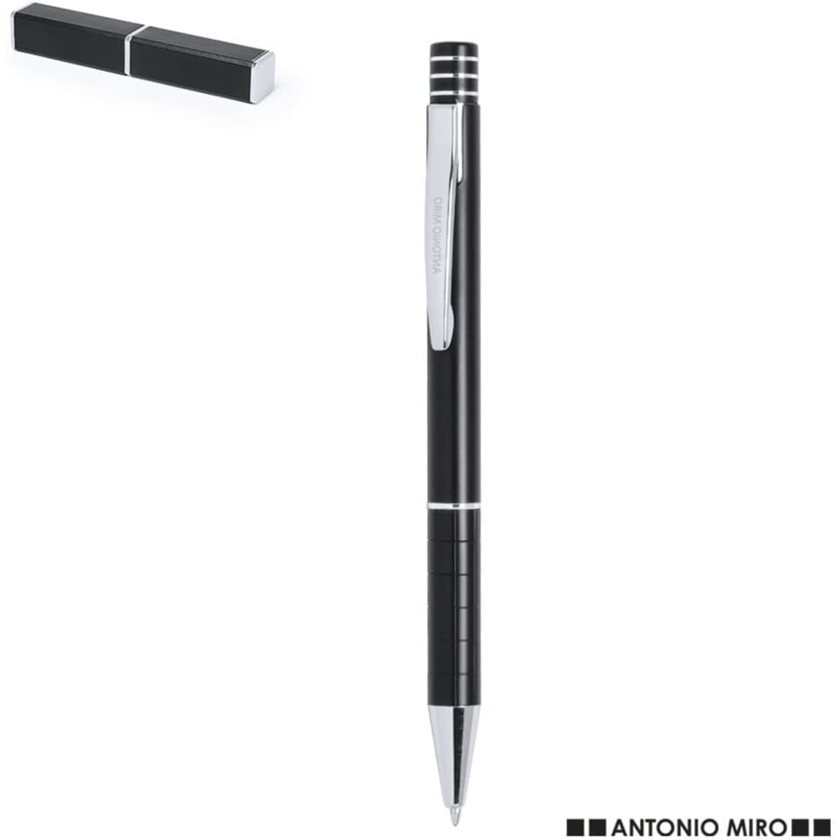 A black metal pen with a silver clip and detailing, accompanied by a matching black cap. Features branding.