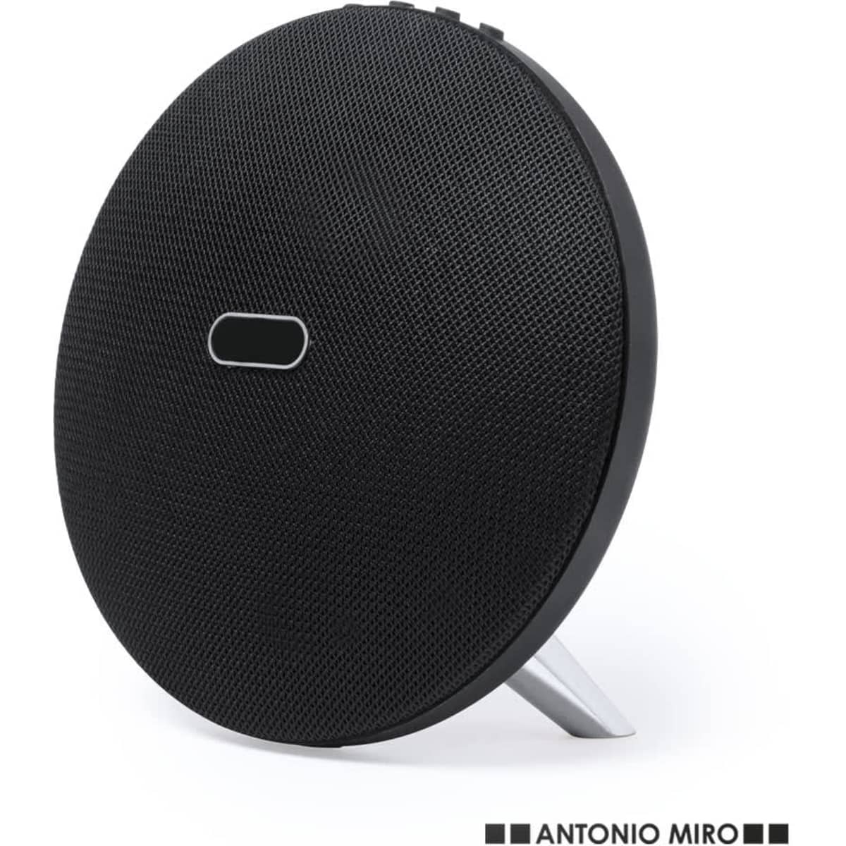 A round black Bluetooth speaker with a textured surface and a logo at the bottom. It stands on a small metal base.
