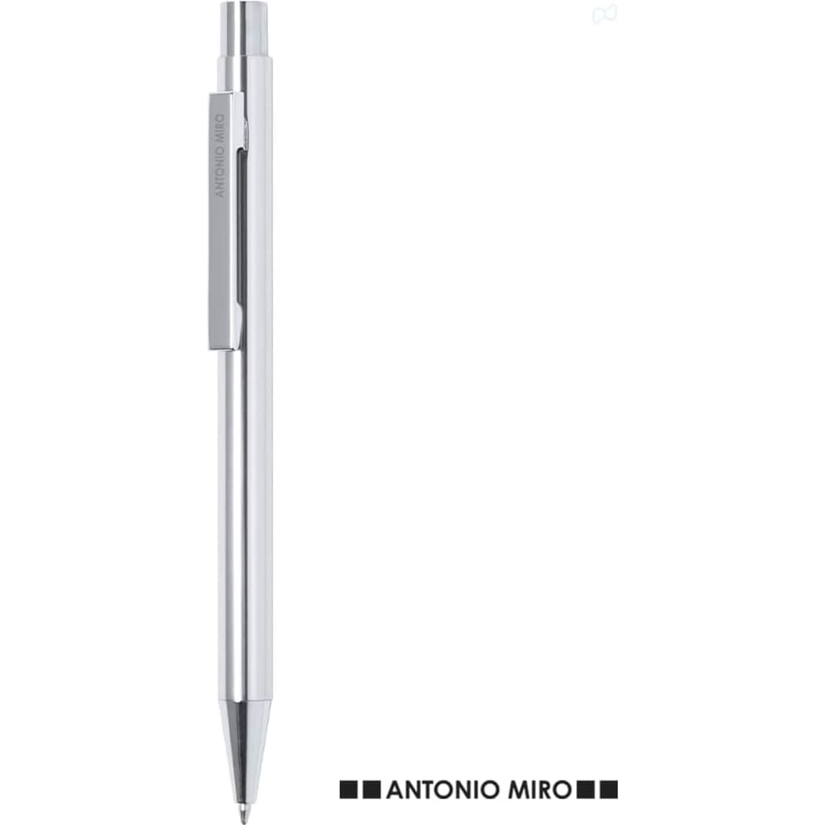 A metal pen with a sleek silver finish and a clip, featuring a branding logo.