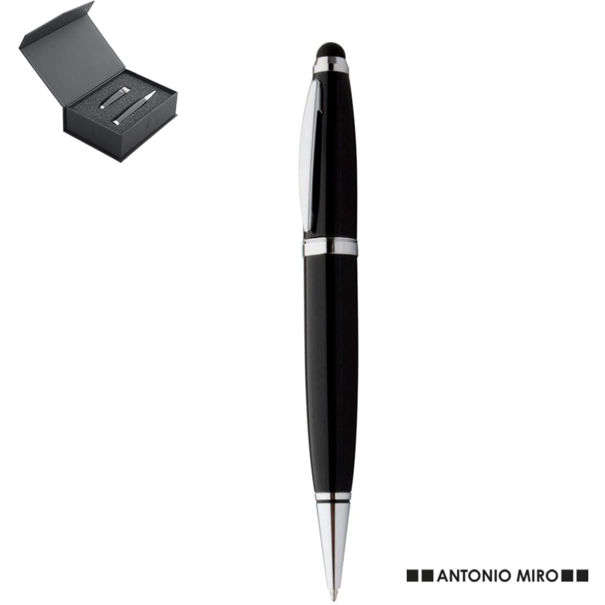 A black stylus touch ball pen with a silver trim, presented in a black gift box, features branding on the box.