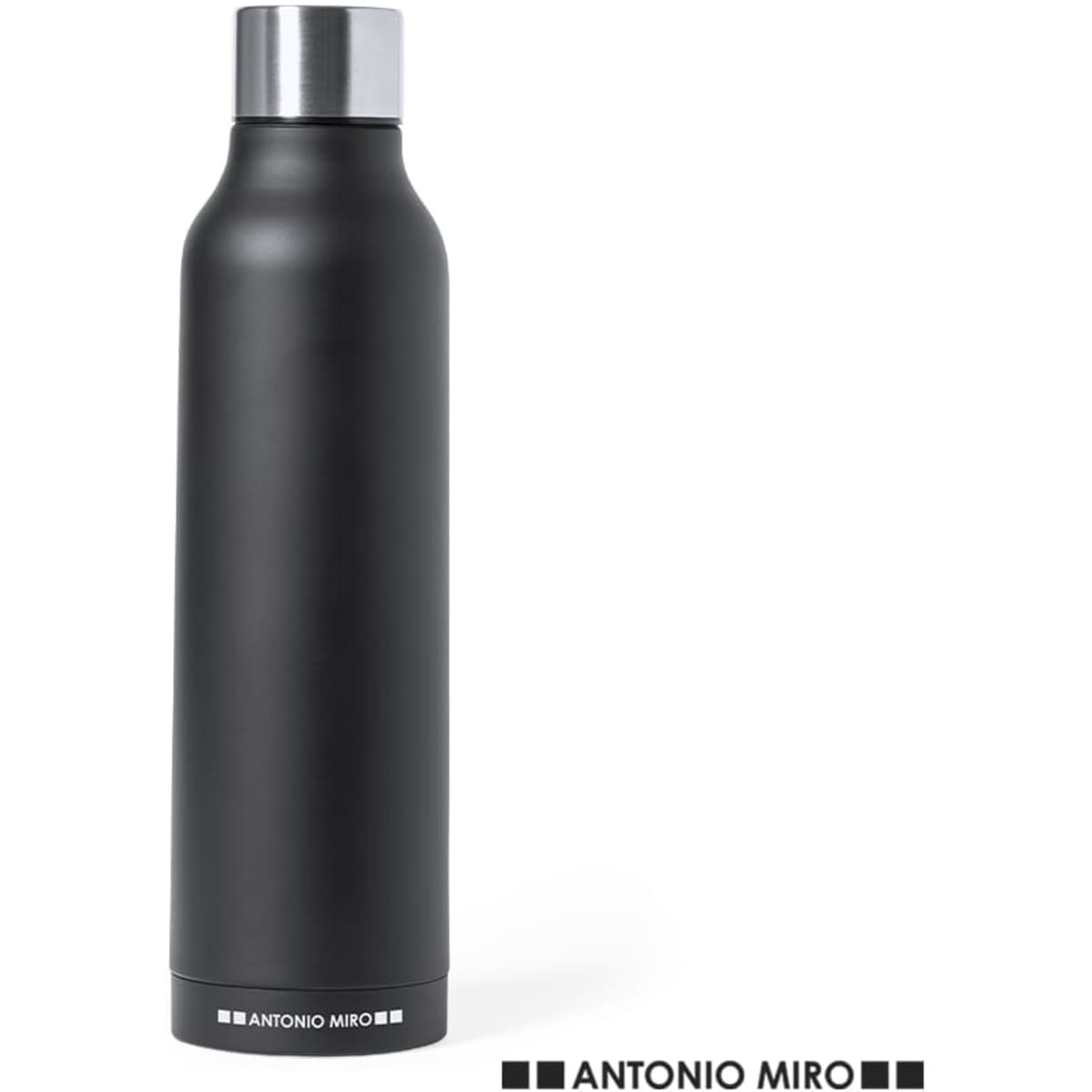 A drink bottle in matte black with a stainless steel lid, featuring a logo on the lower part.