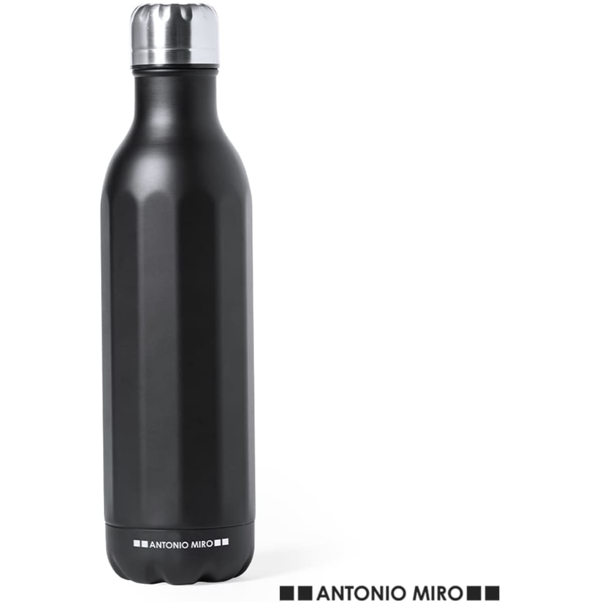 A drink bottle in a sleek black finish with a silver screw-top lid and a logo at the base.