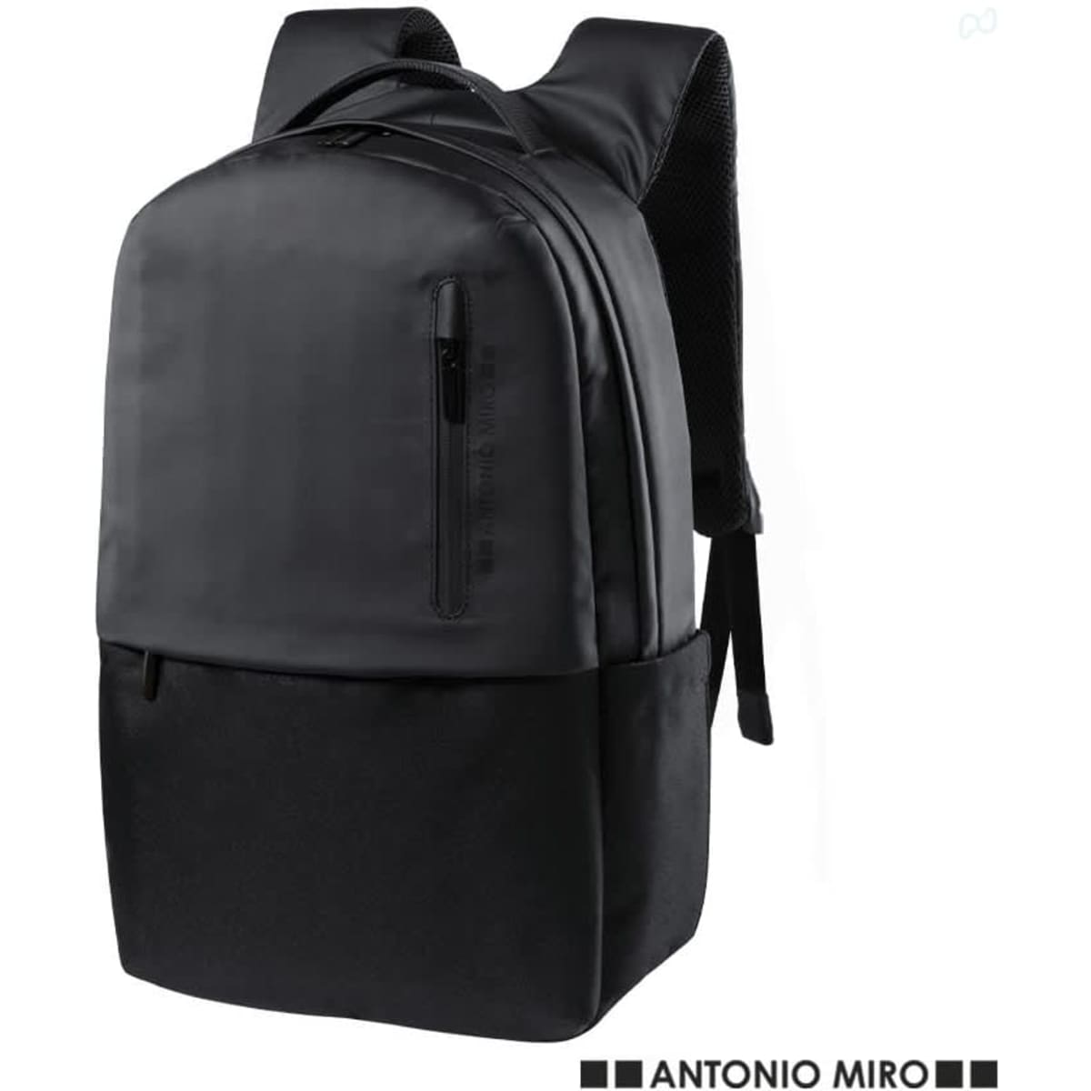 A black Kendrit Backpack featuring a smooth finish, adjustable straps, and a front zip pocket. Includes a logo.