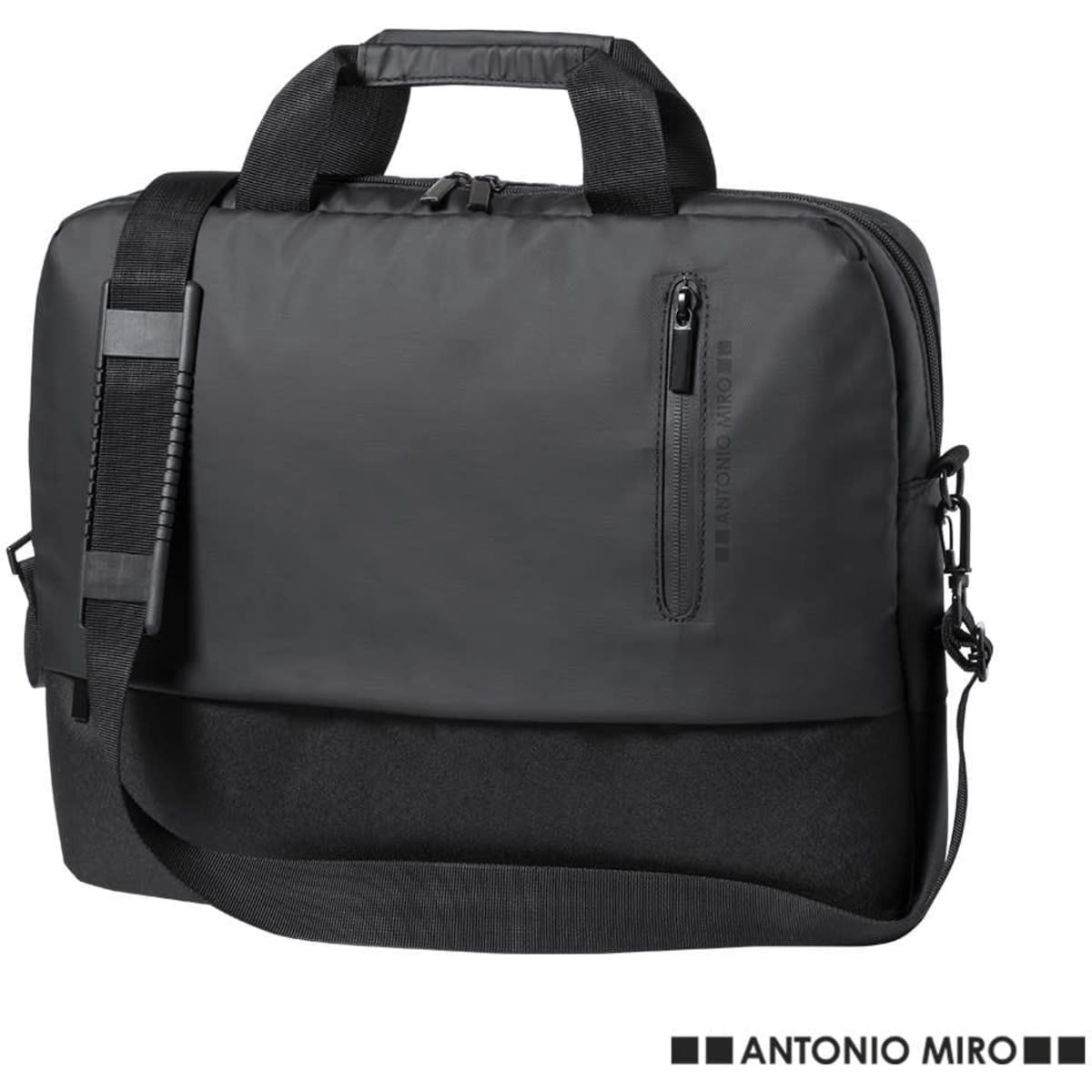 A black laptop briefcase with handles and a detachable shoulder strap, featuring a zippered pocket and a logo.