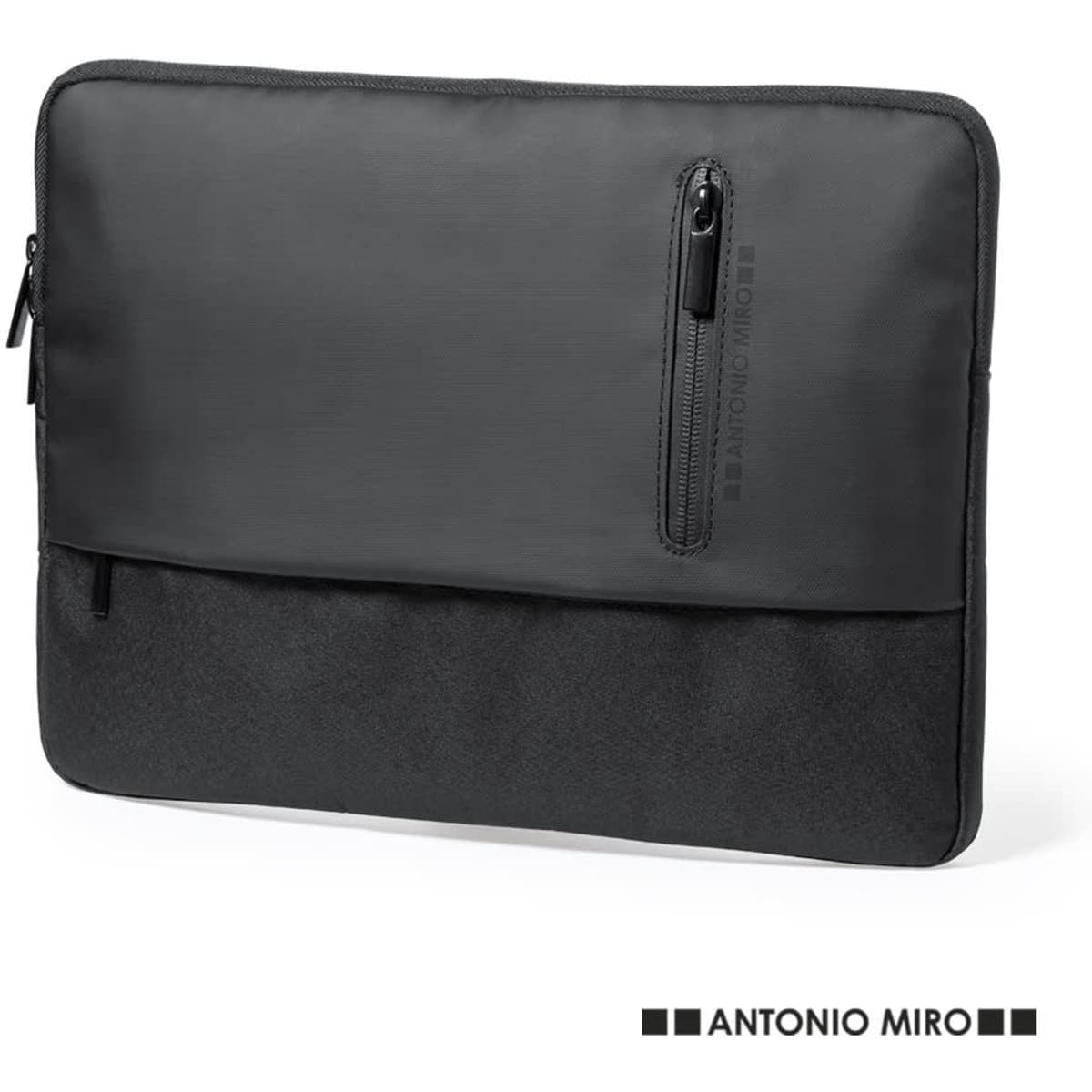 A sleek black laptop pouch with a zippered pocket, featuring a smooth material and a logo.