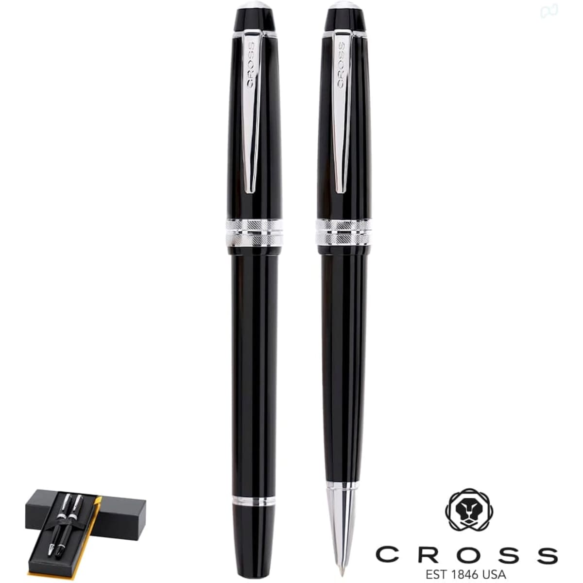 A set of two black metal pens, featuring a sleek design and silver accents, displayed in a gift box with a logo.