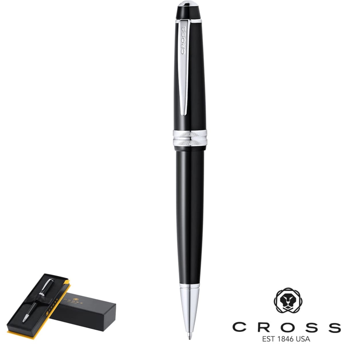 A metal pen in black with silver accents, accompanied by a branded presentation box.