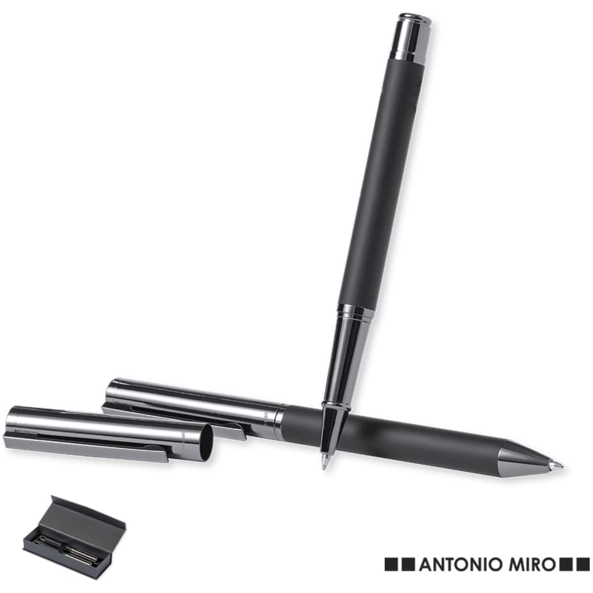 A metal pen gift set featuring three sleek black and silver pens, presented in a branded black box.