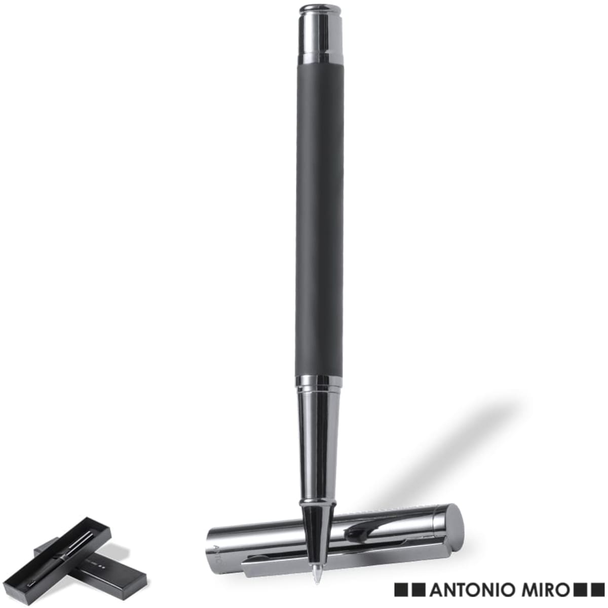 A metal pen with a sleek black grip and silver accents, resting on its shiny chrome cap, accompanied by a branded case.