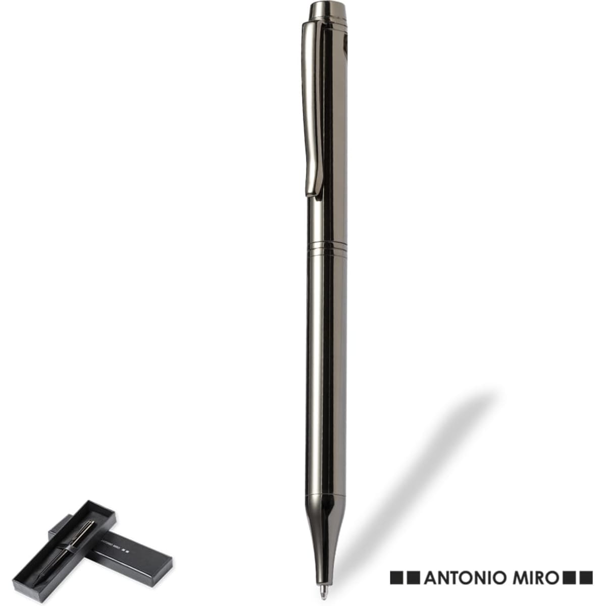 A metal pen in a sleek black design, accompanied by a matching box featuring branding.