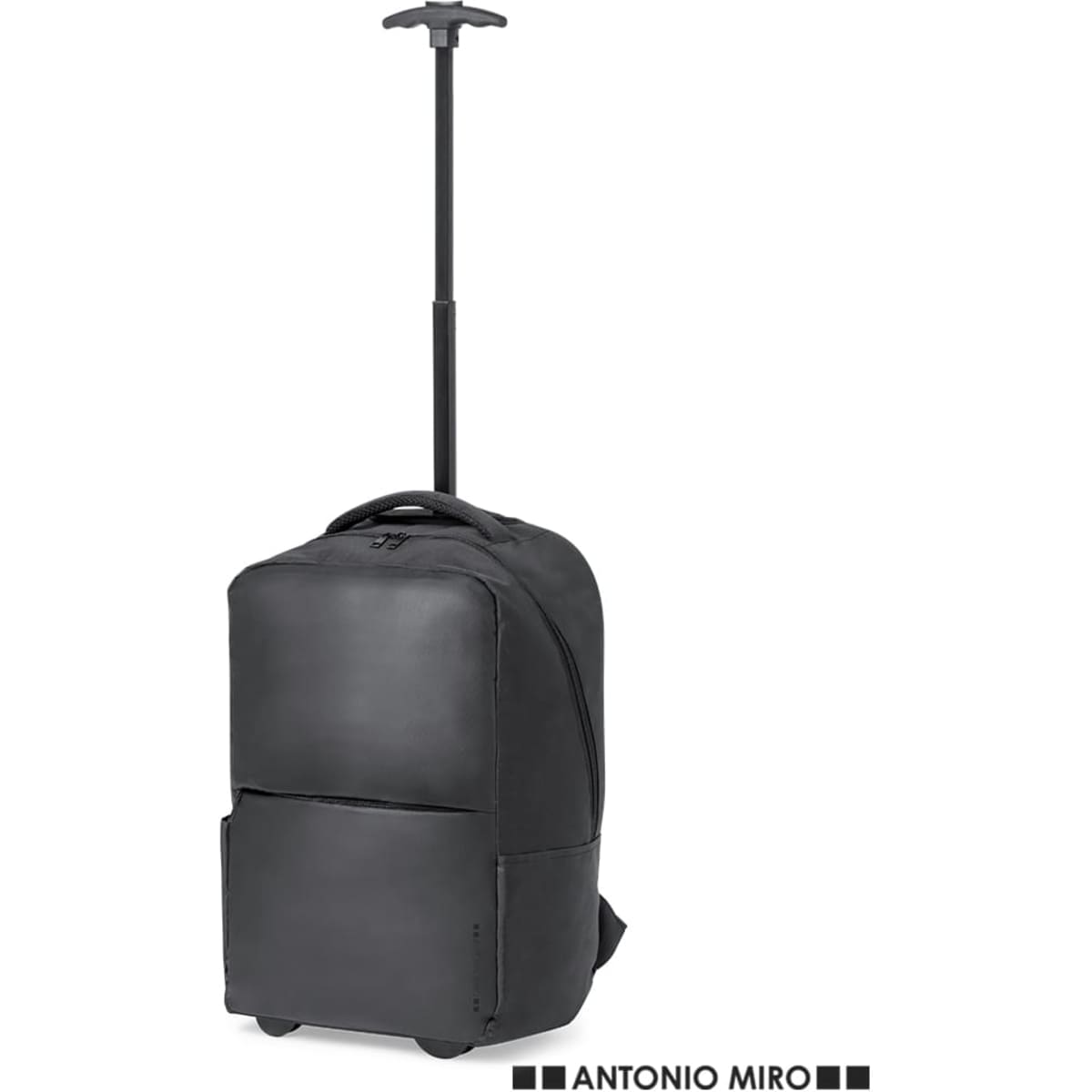 A black backpack with wheels and a retractable handle, featuring a front pocket and a logo.