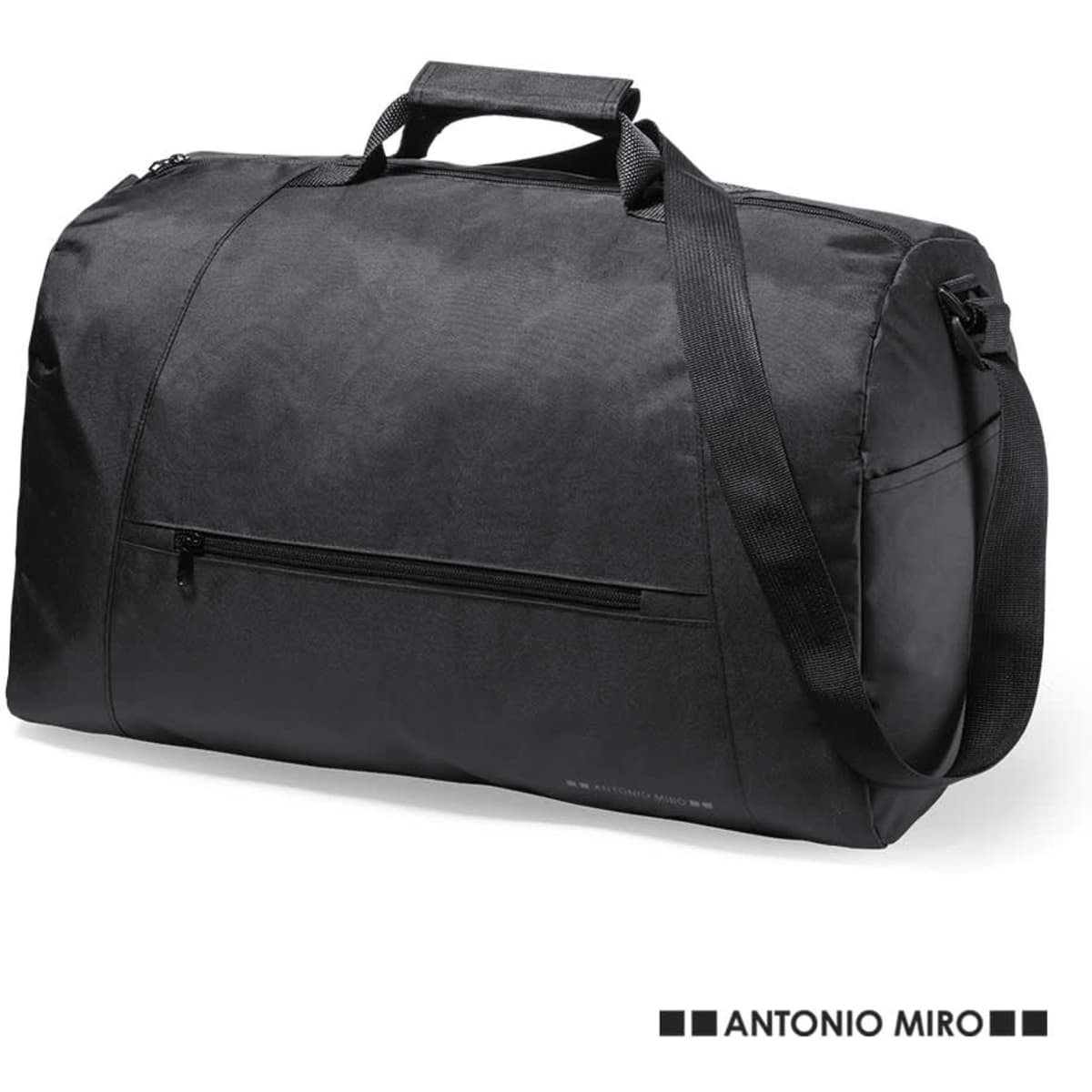 Black duffel bag with a shoulder strap and top handle, featuring a zip pocket and a logo.