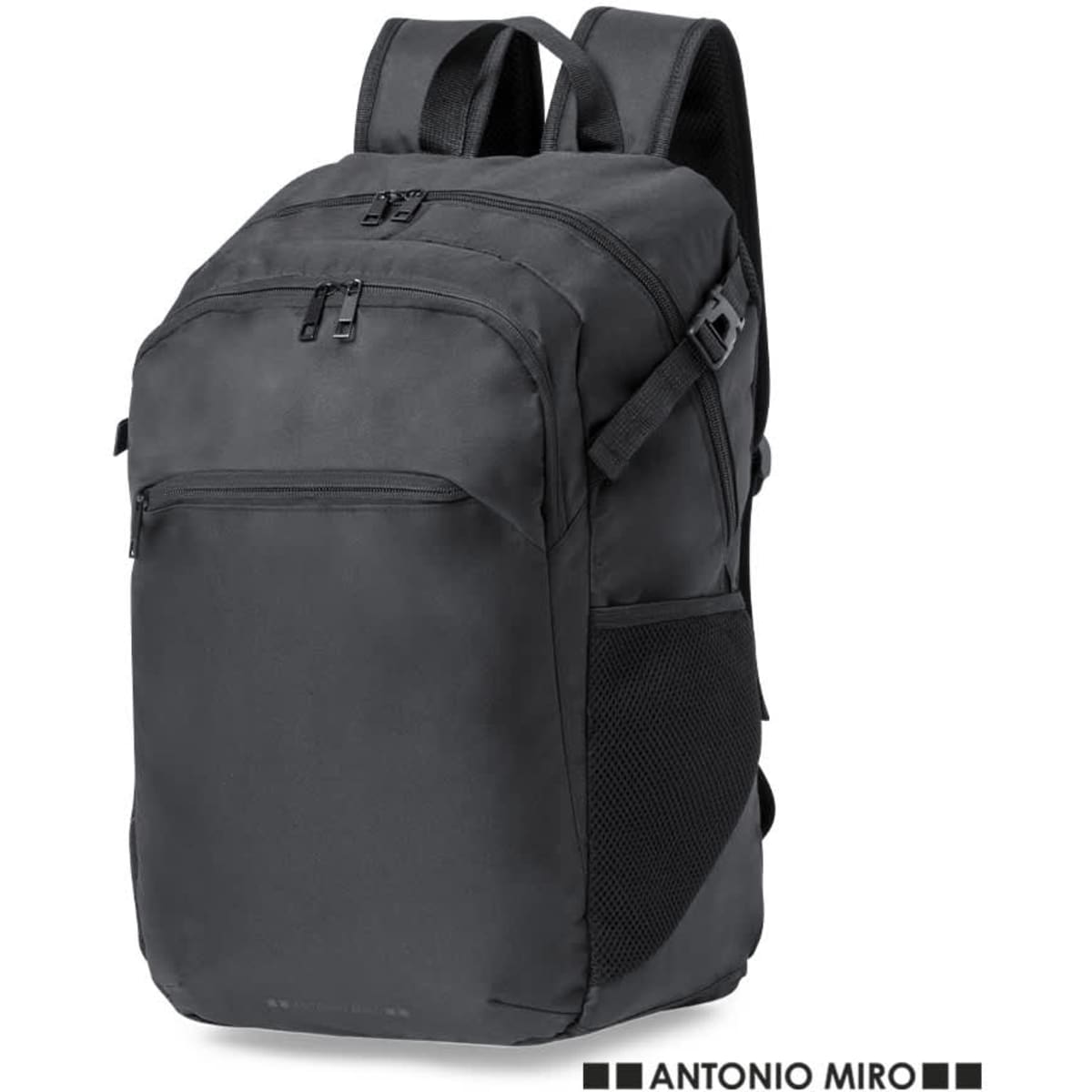 A black laptop backpack with multiple compartments and a side mesh pocket. It has adjustable straps and a logo.
