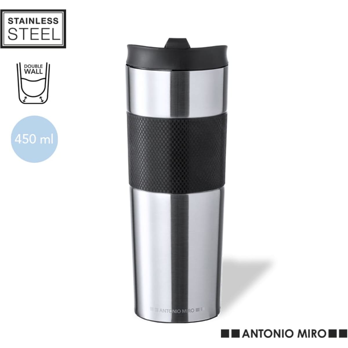 A stainless steel travel mug with a double-wall design, featuring a textured black grip and a lid.