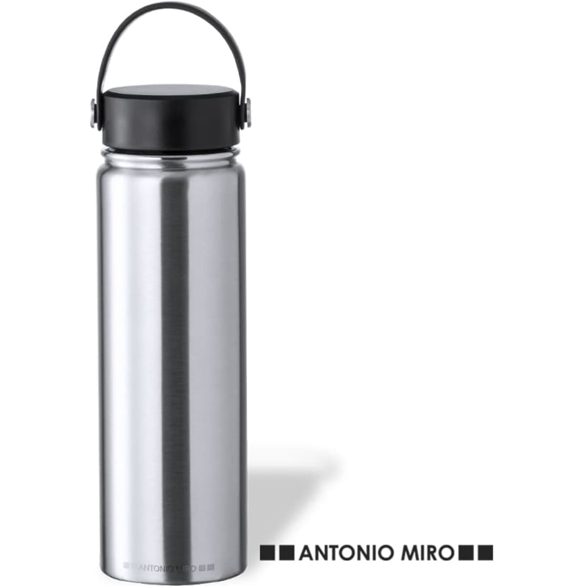 A drink bottle in silver with a black lid and handle, featuring a logo on the side.