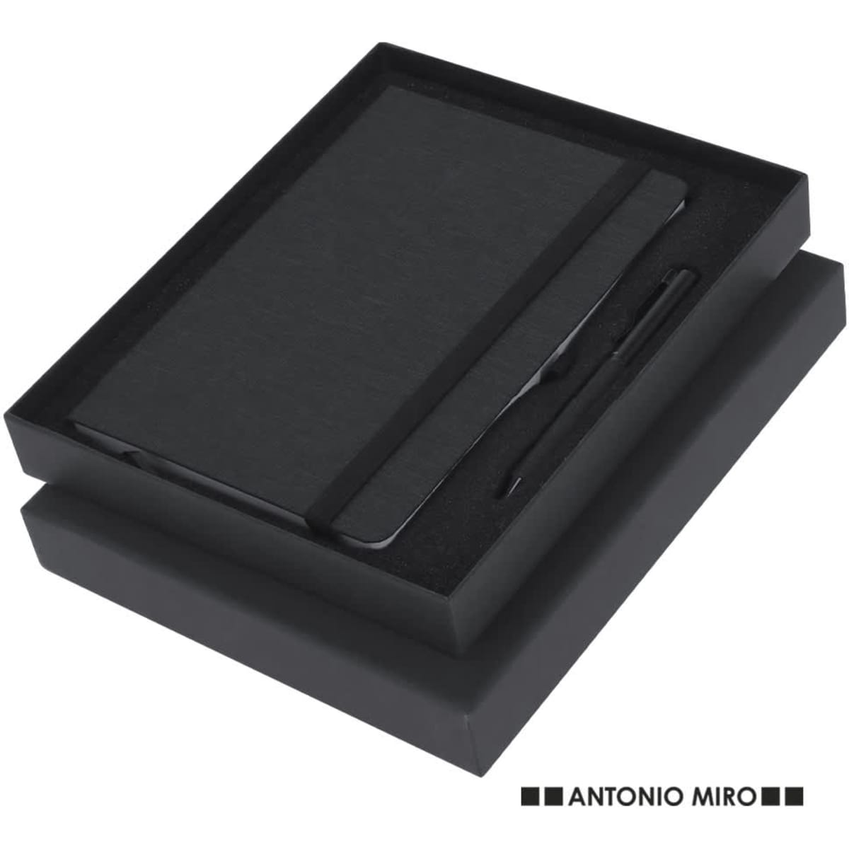 A sleek black notebook with a pen, presented in a black gift box, featuring a logo.