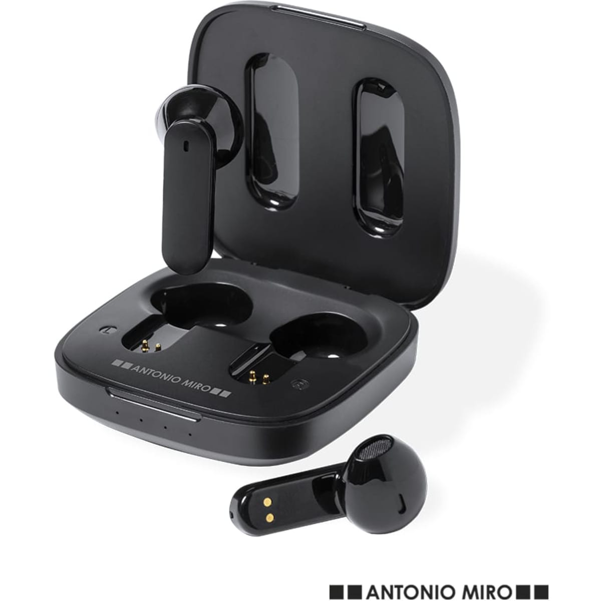 A pair of black earbuds inside a black charging case, featuring a logo on the case.