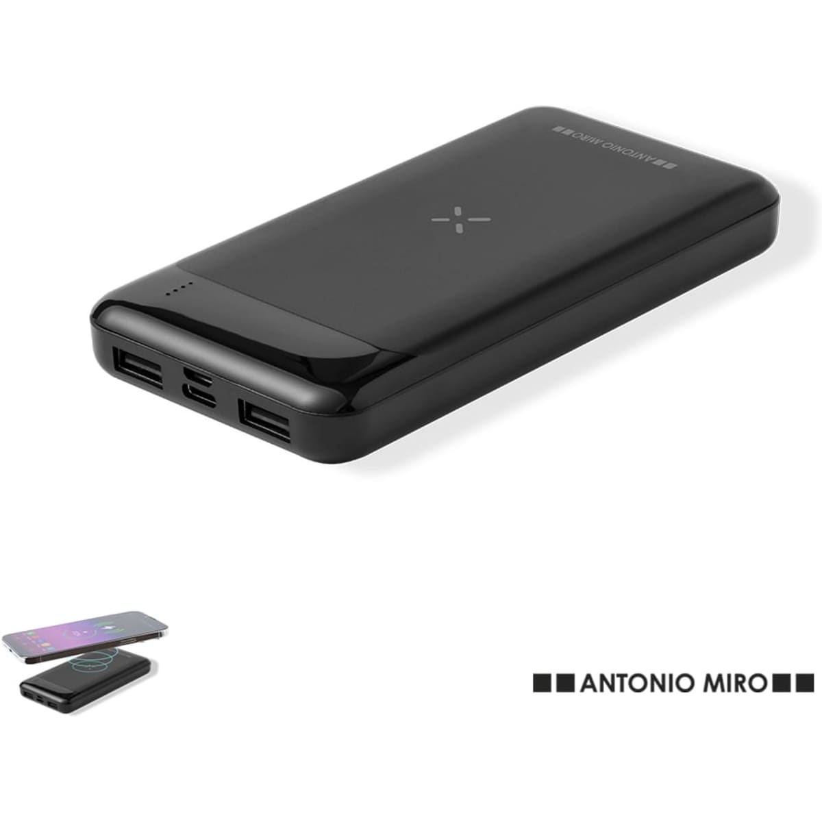 A sleek black power bank with multiple USB ports and a glossy finish, featuring a logo on the surface.