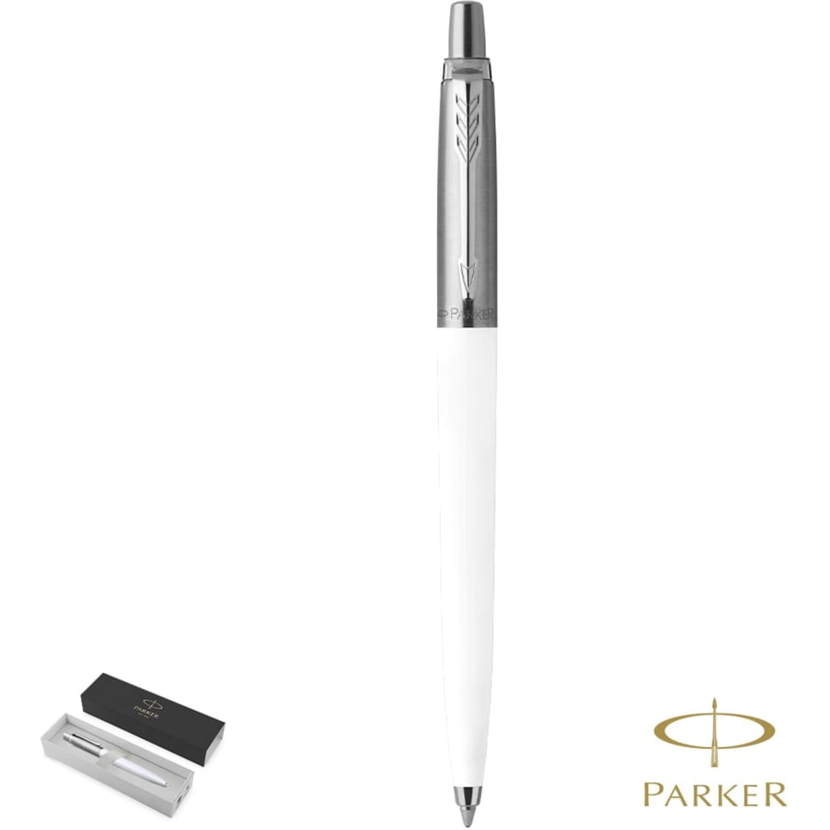 A metal pen with a polished silver and white finish, accompanied by a sleek box and featuring a logo.