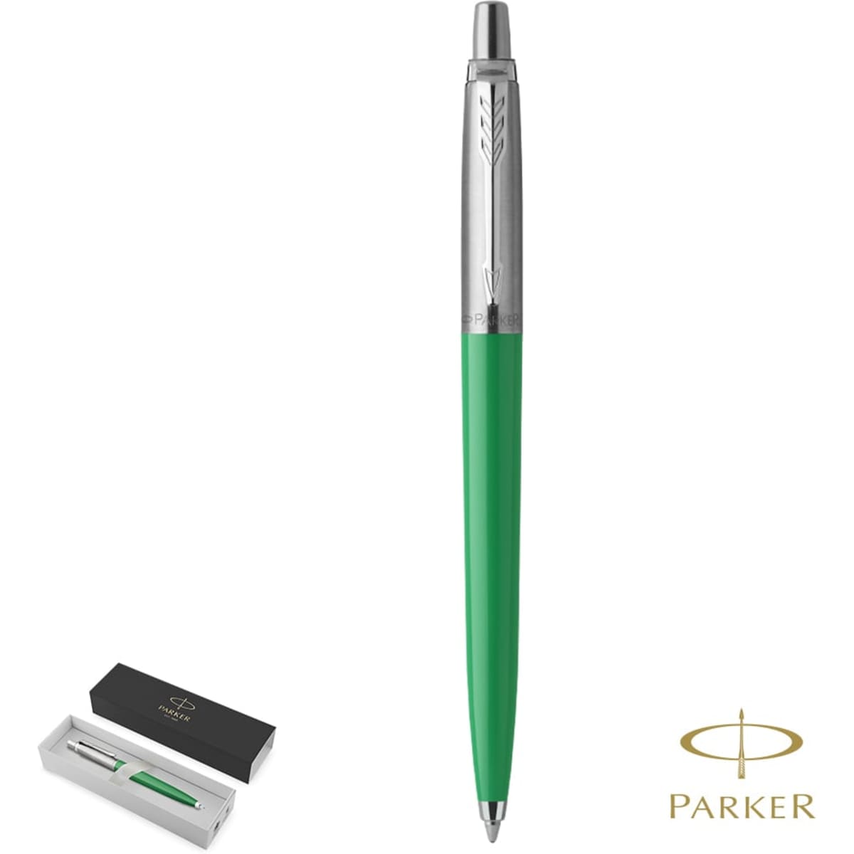 A green metal pen with a silver clip and a gift box, featuring a logo on the pen and box.