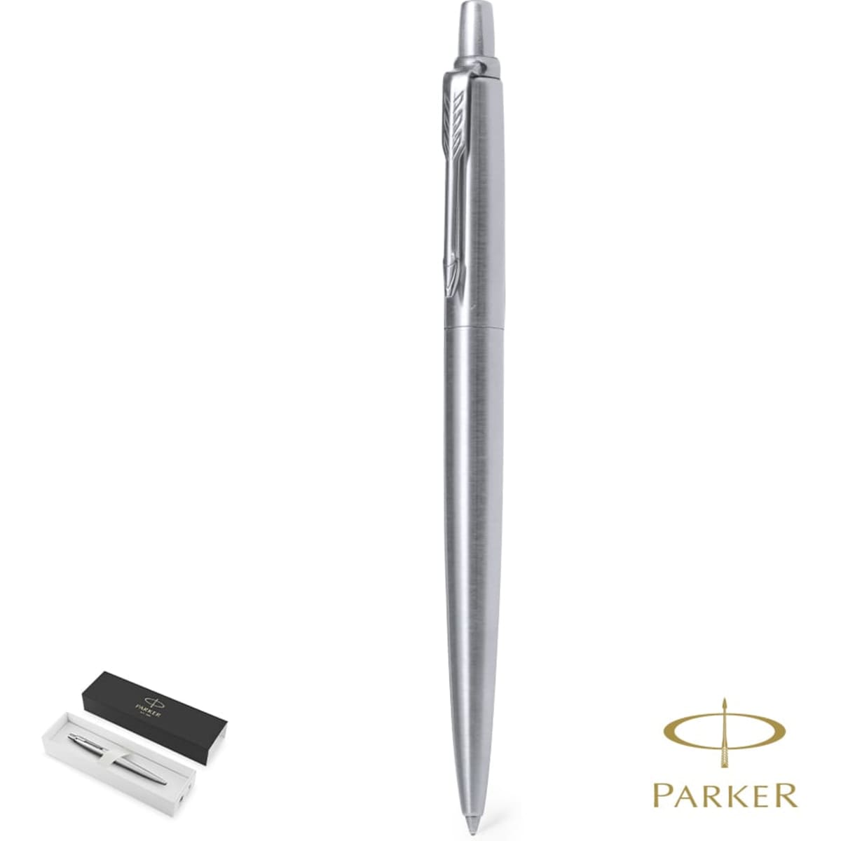 A metal pen in silver with a sleek design, accompanied by a black and white packaging with branding.