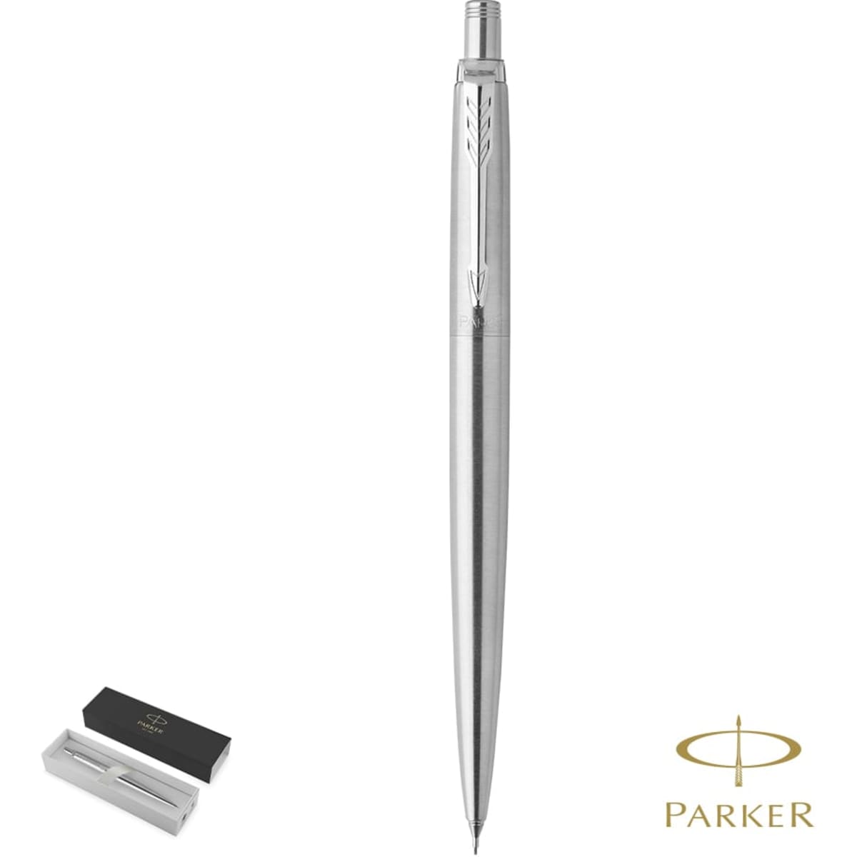 A silver-grey pen with a sleek design, accompanied by a black and white box, featuring a logo.
