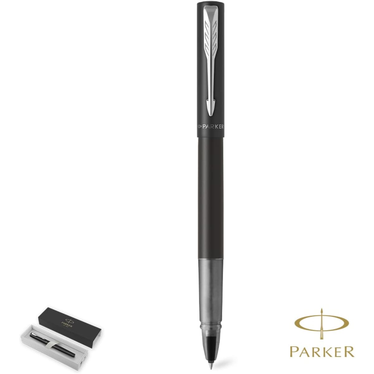 A black metal pen with a silver clip and logo, accompanied by a box containing ink refills.