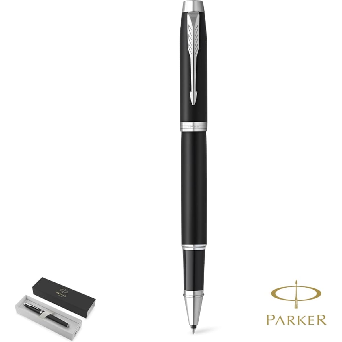 A metal pen in black with silver accents, presented in a black box. The pen has a branding logo.