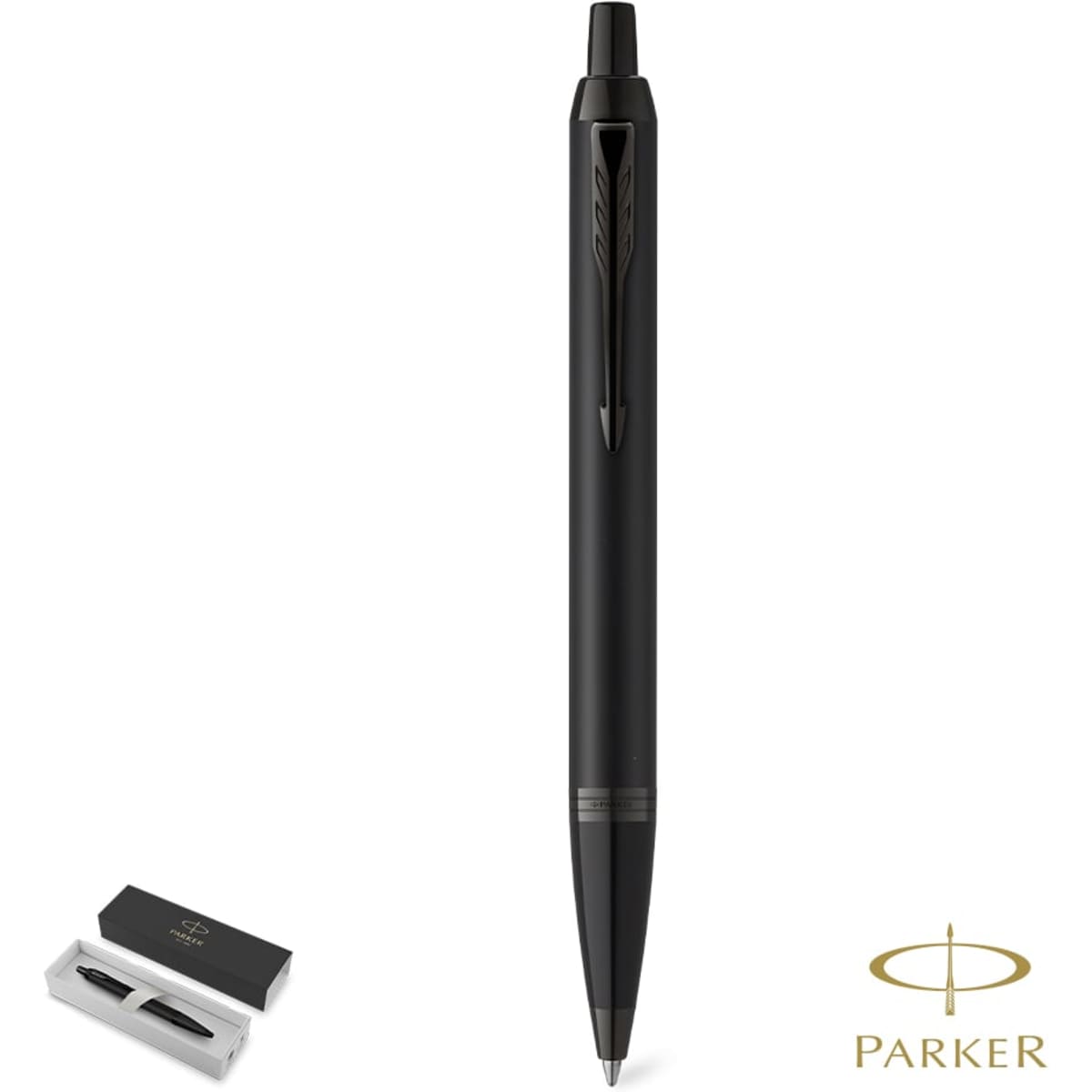 A black metal pen in a sleek design, displayed alongside a branded box. The pen features a logo.