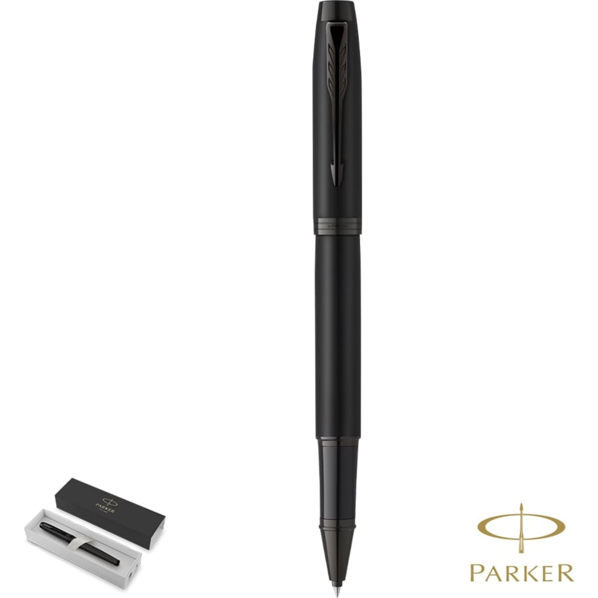 A black metal pen with a sleek design, accompanied by a white box and a logo.