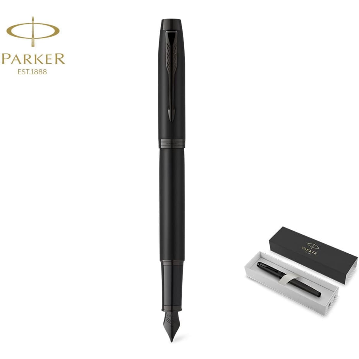 A black Parker fountain pen displayed upright, accompanied by a sleek presentation box with a logo.