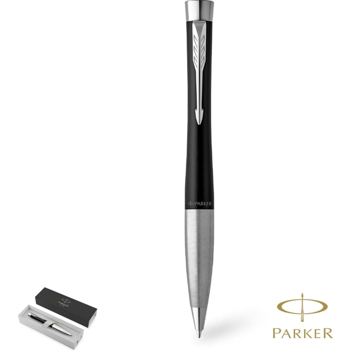 A metal pen with a sleek black body and a silver clip, accompanied by a black box and a light grey accessory.