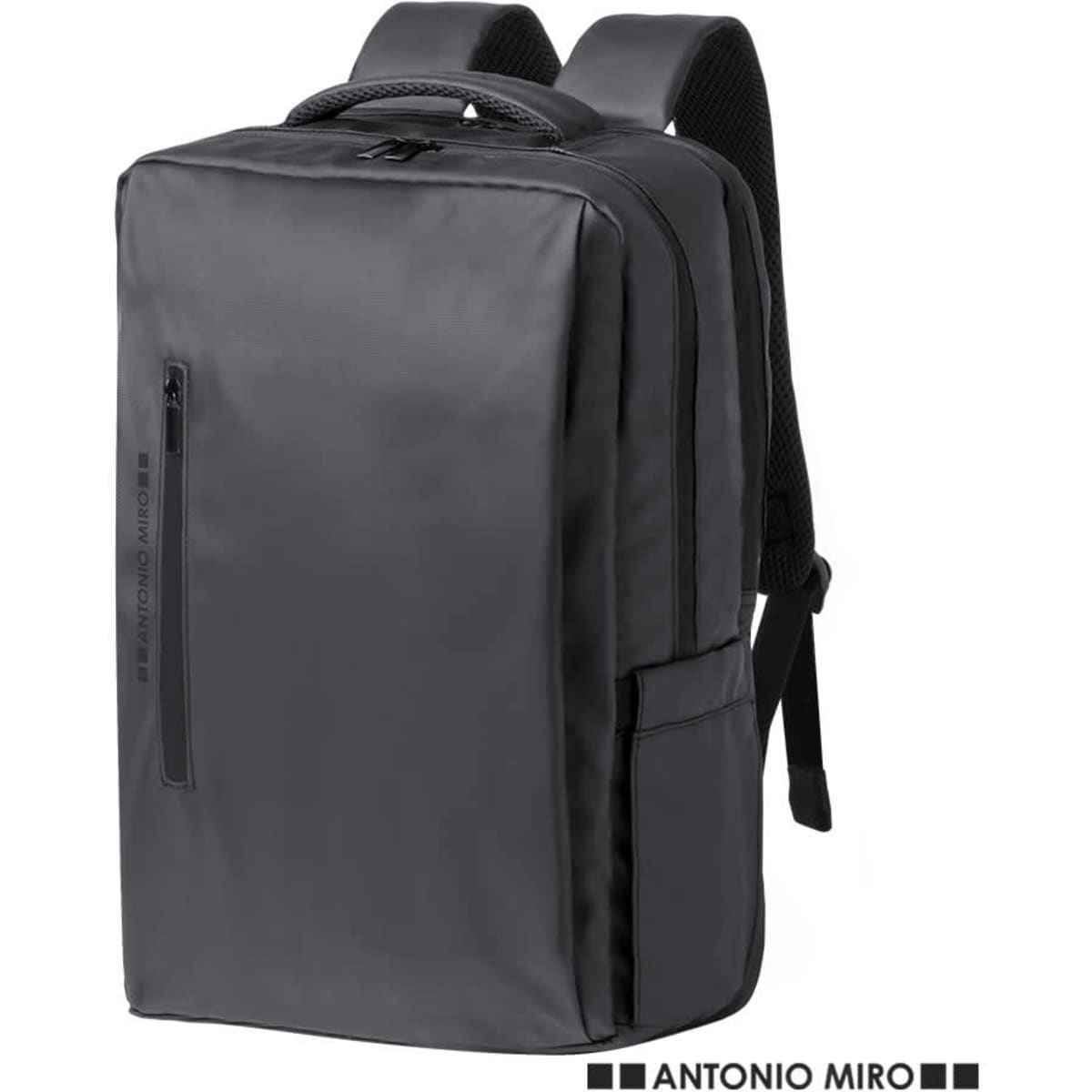 A black backpack with padded straps and a front zip pocket, featuring a logo on the lower section.