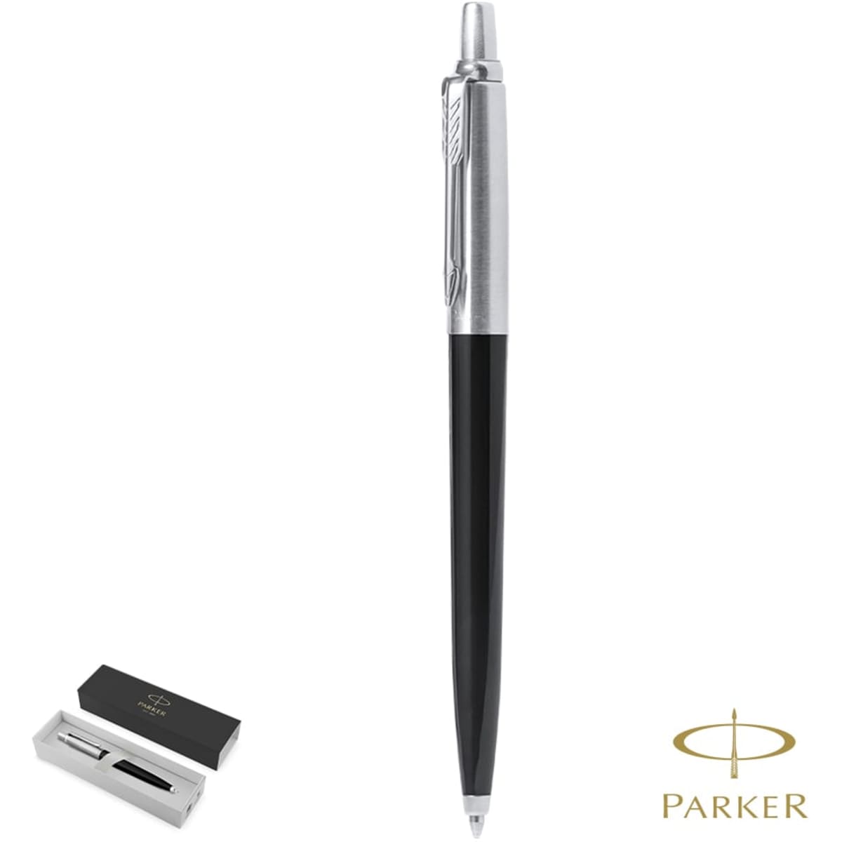 A sleek black and silver metal pen presented in a box with a logo. Ideal for writing.