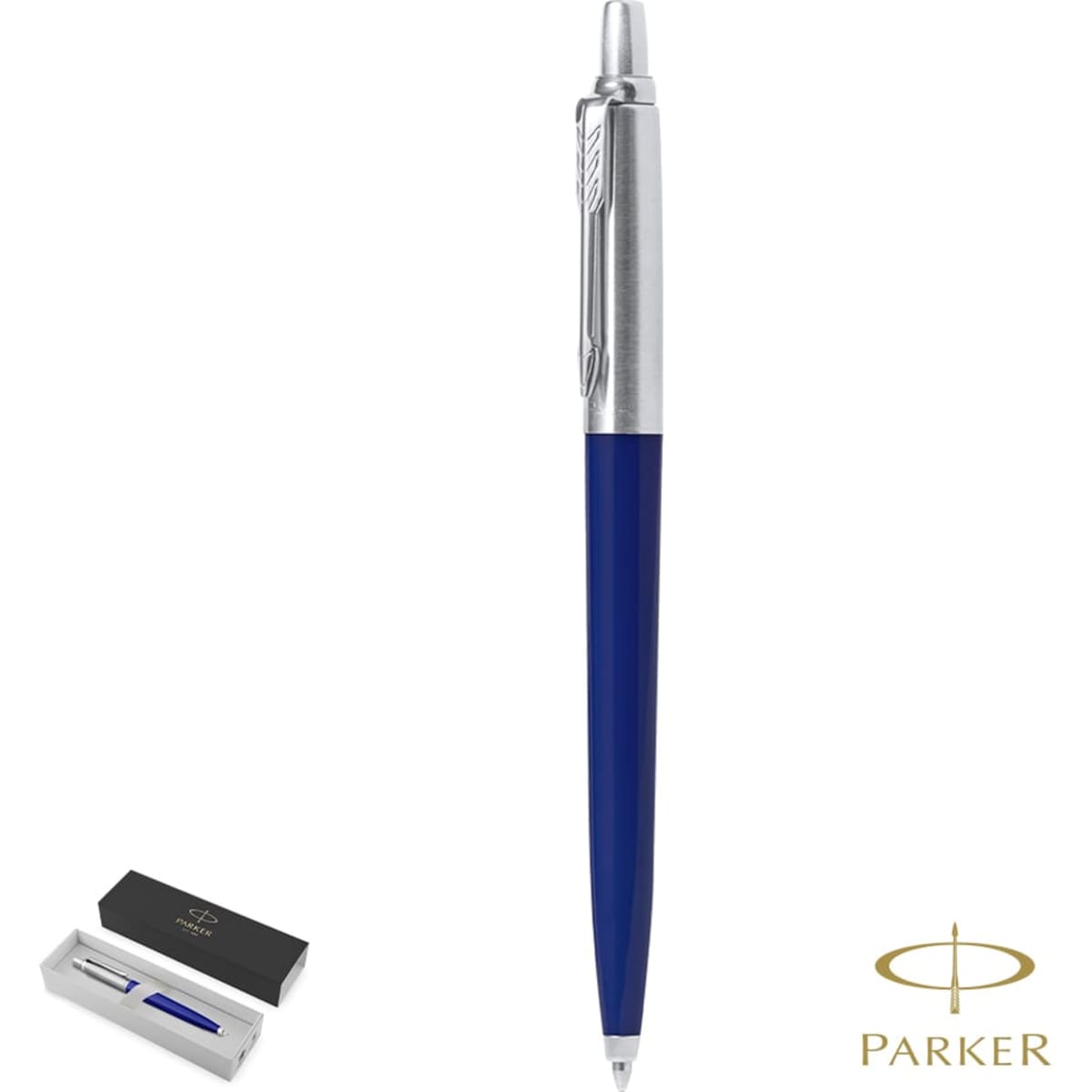 A blue recycled pen with a silver clip, displayed alongside its black case, featuring a logo.