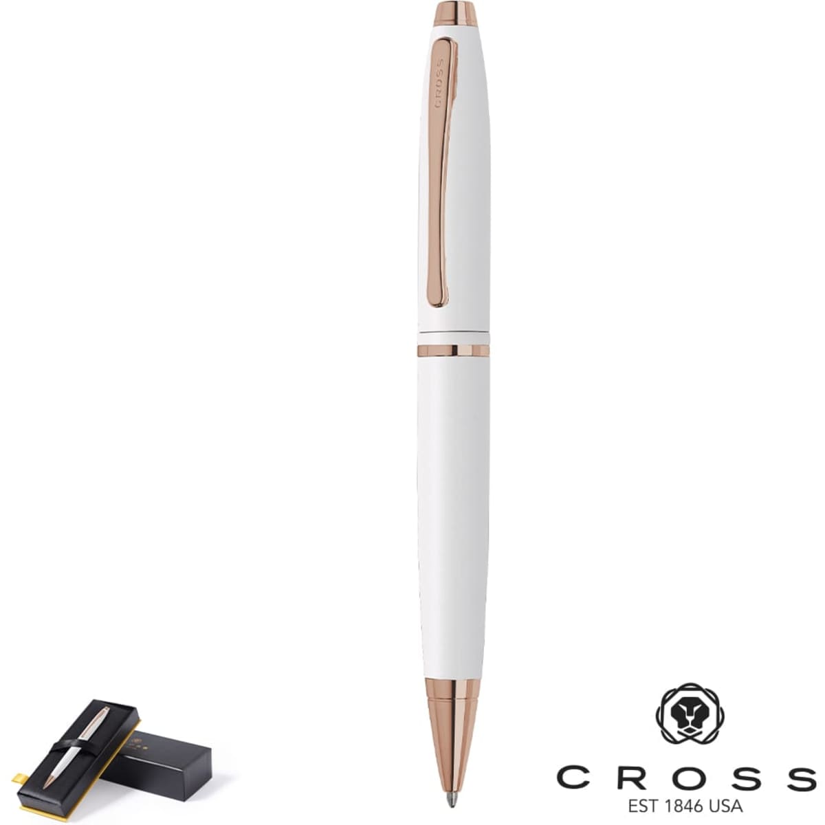 A metal pen in white with rose gold accents, accompanied by a black box. The pen has a branding logo.