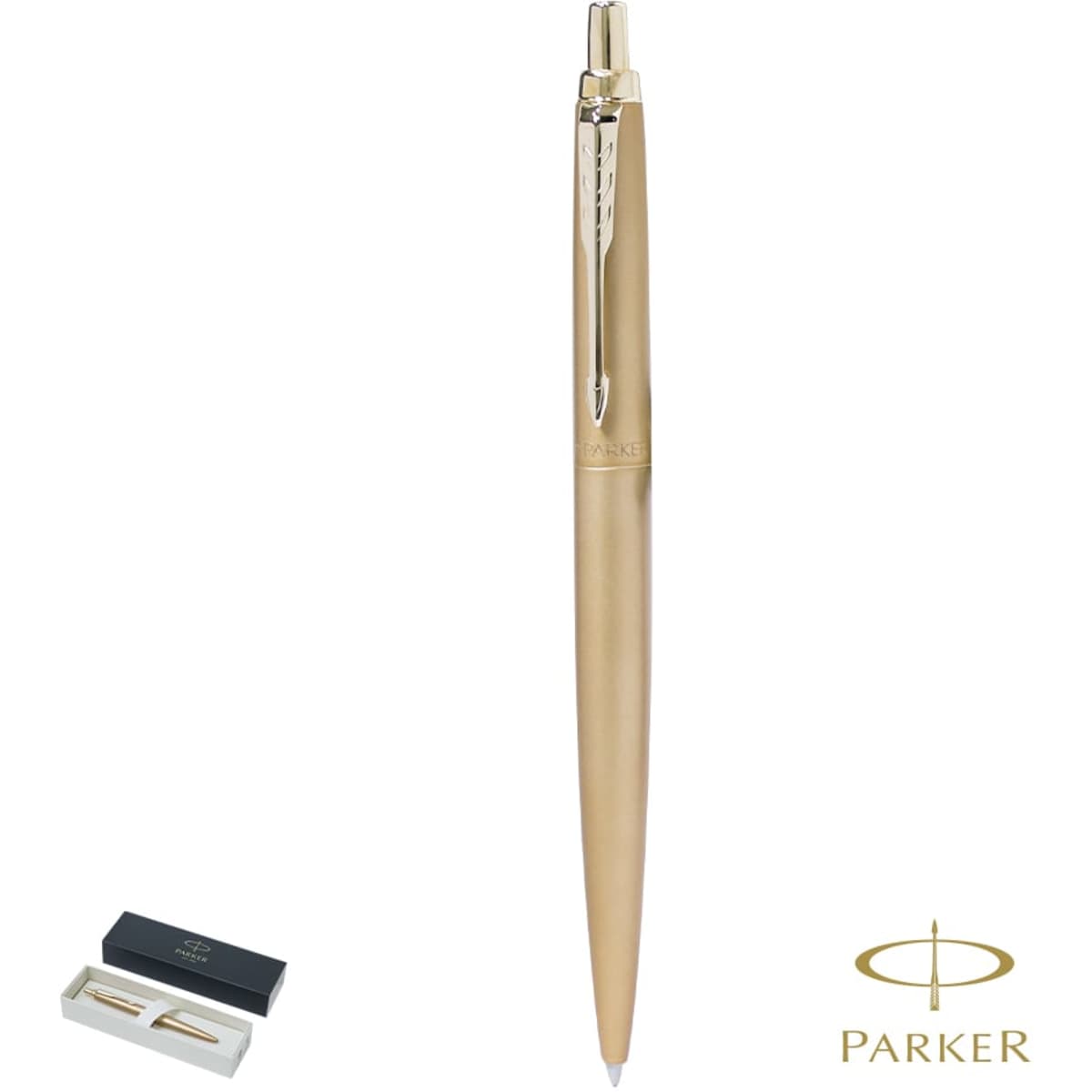 A sleek gold metal pen with a shiny finish, accompanied by a presentation box and a logo.
