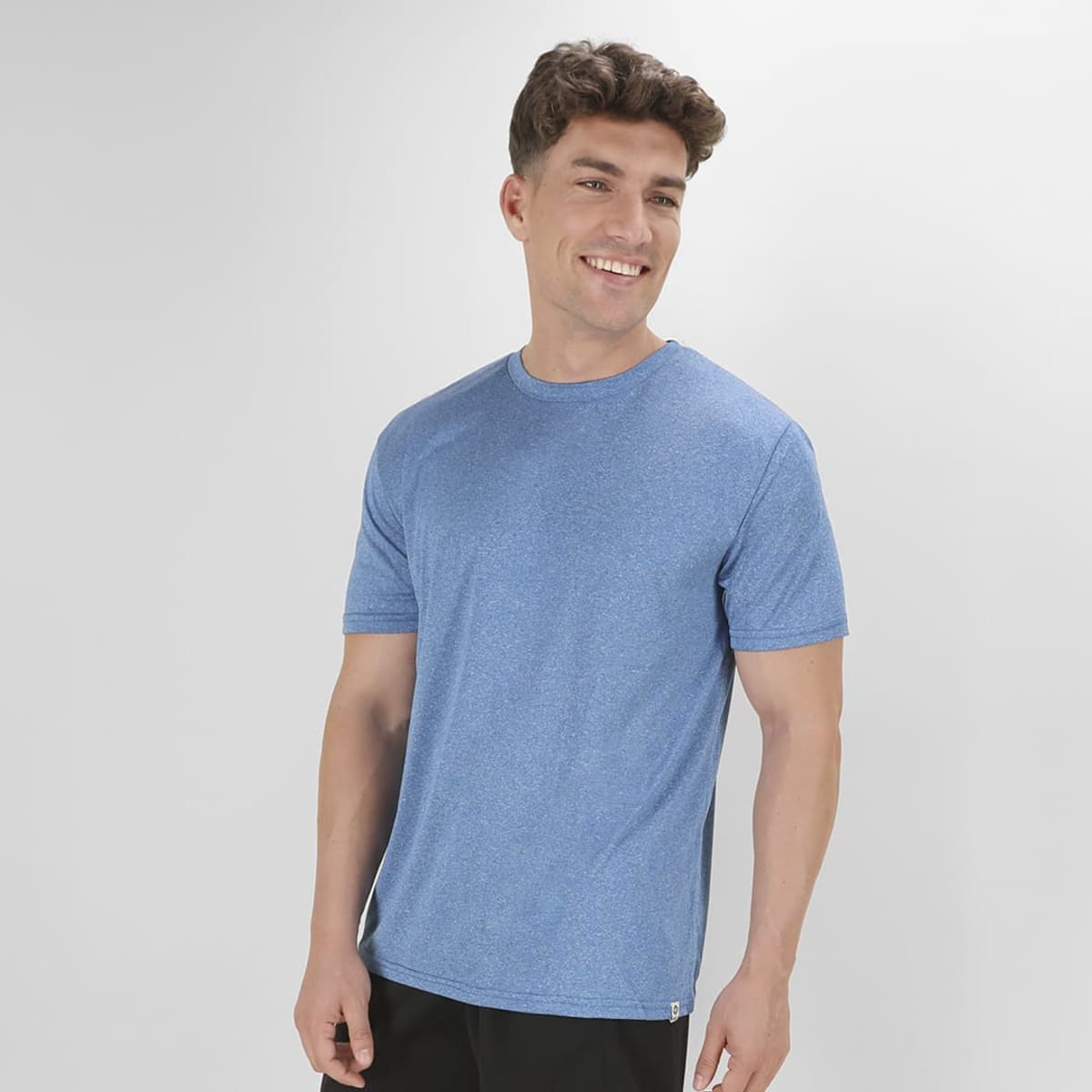A blue t-shirt with short sleeves, featuring a simple design and a small logo on the hem.